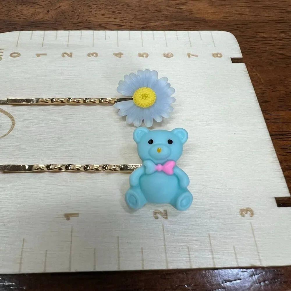 Hair pins fashion bear flower ribbon hair pin 4PC set Blue anime LA Comic Con